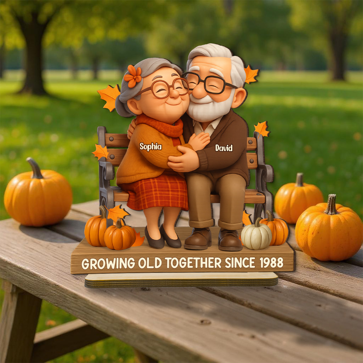 Old Couple Sitting Hugging Personalized Standing Wooden Plaque, Fall Decor for Couples
