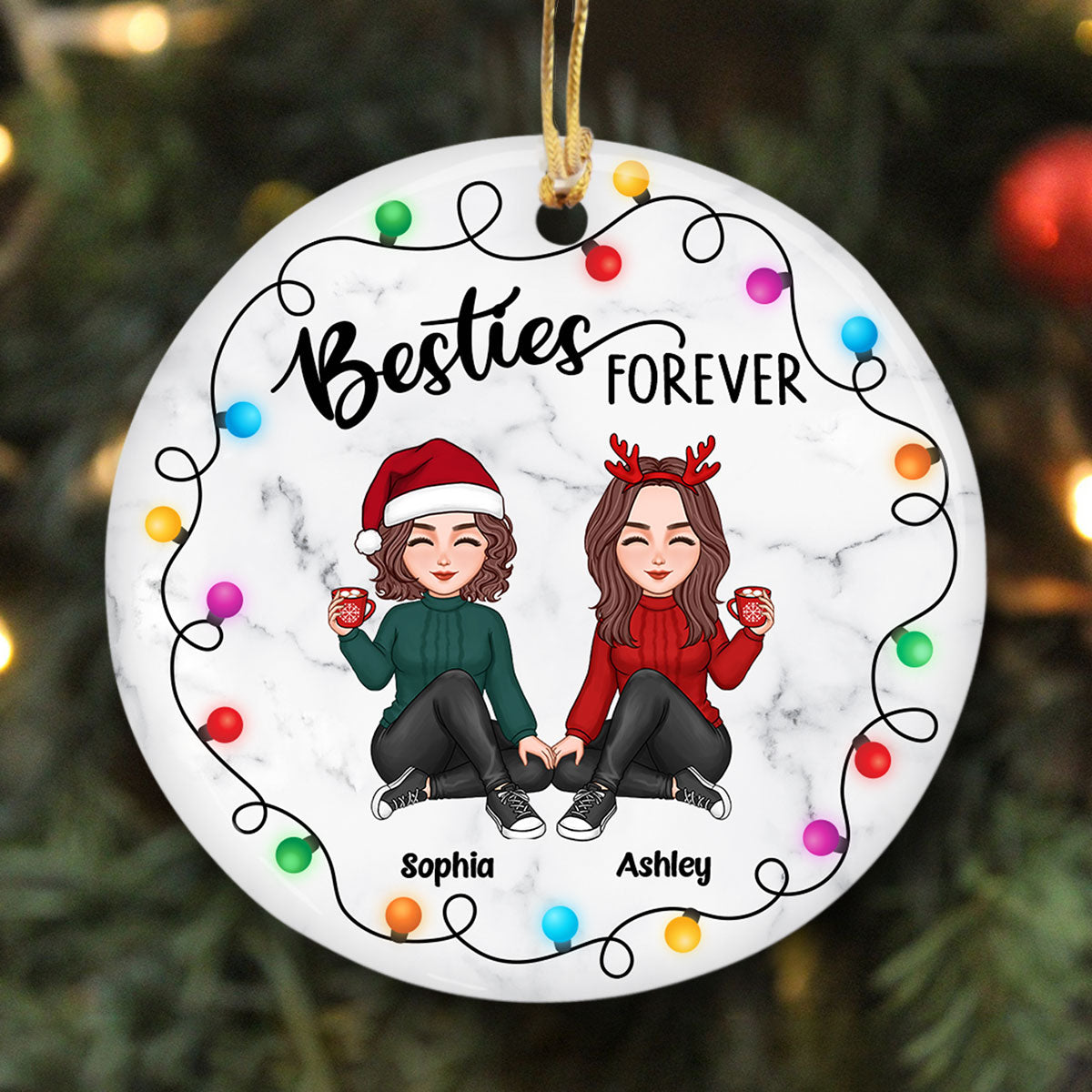 Besties Sisters Sitting Lightstring Marble Personalized Circle Ornament