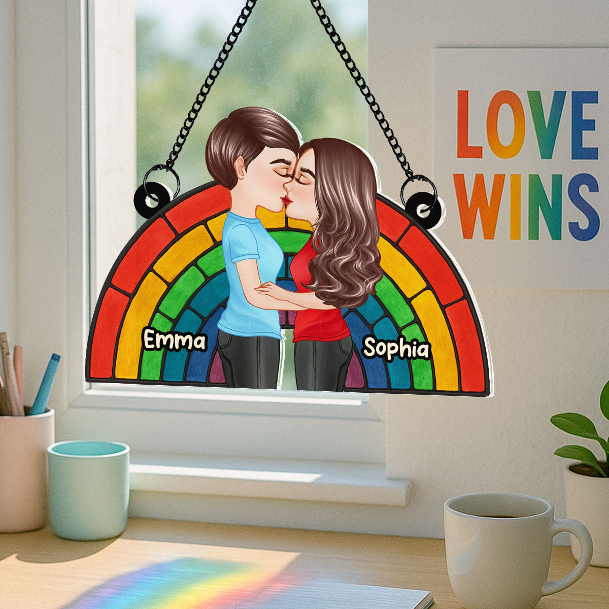 LGBT Flag Rainbow Couple Kissing Personalized Suncatcher