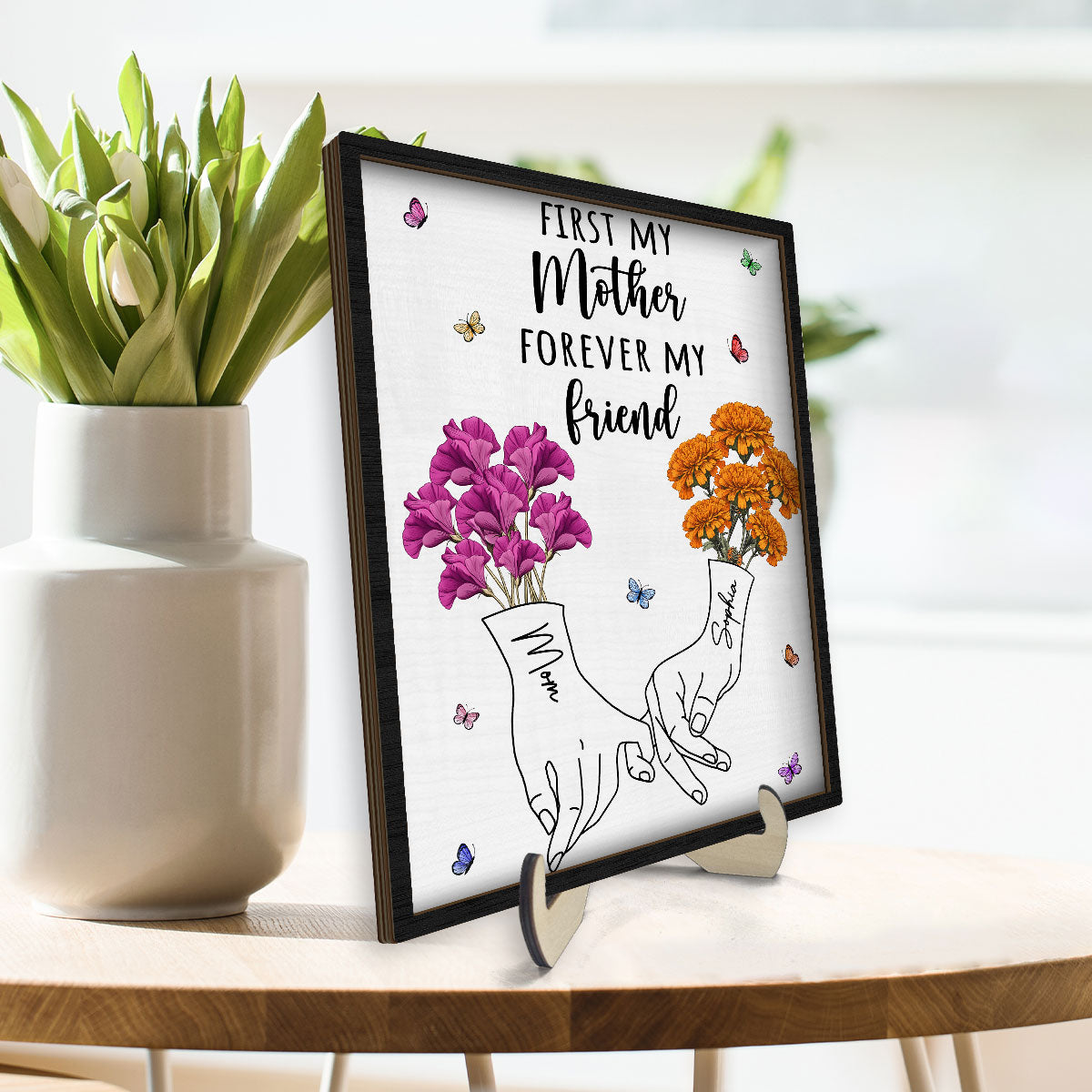 First My Mother Forever My Friend Vintage Birth Month Flowers Gift For Mom 2-Layer Personalized Wooden Plaque