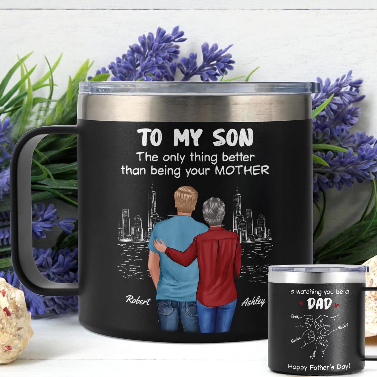 From Mom Dad To Son Watching You Be A Dad Personalized Stainless Steel Tumbler With Handle, Gift For Son