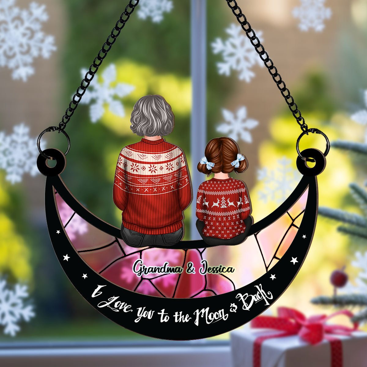 Grandma Grandkid On Moon Personalized Window Hanging Suncatcher Ornament, Gift for Mom, for Grandma