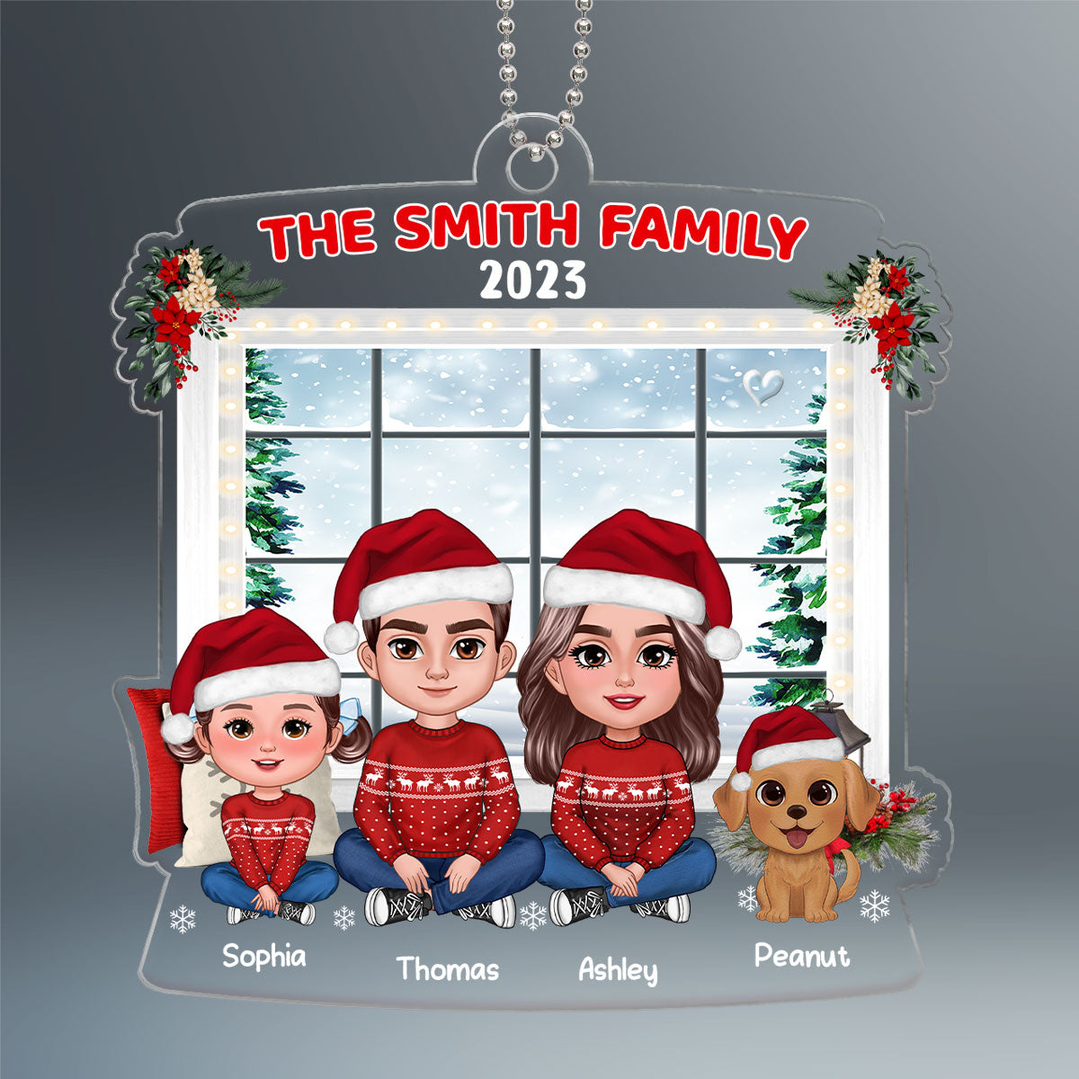 Family Crossed Legs Sitting By Window Dad Mom Kids Dogs Cats Personalized Acrylic Ornament