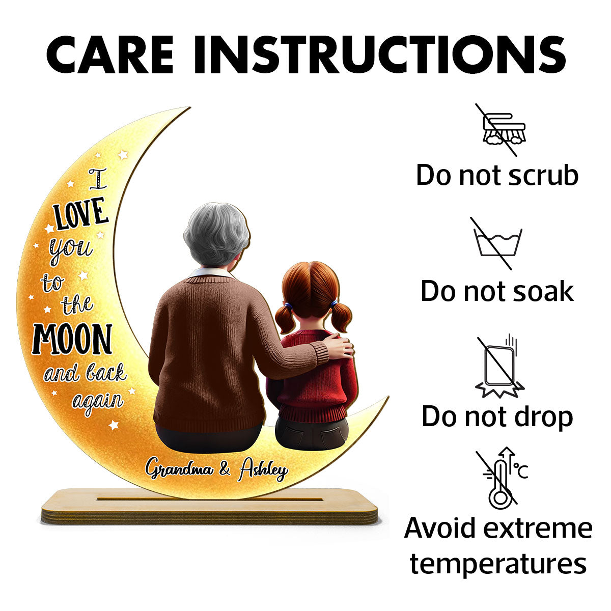 Grandma & Granddaughter Sitting On Moon Shaped Personalized Standing Wooden Plaque, Perfect 2025 Gift For Mom, For Grandma