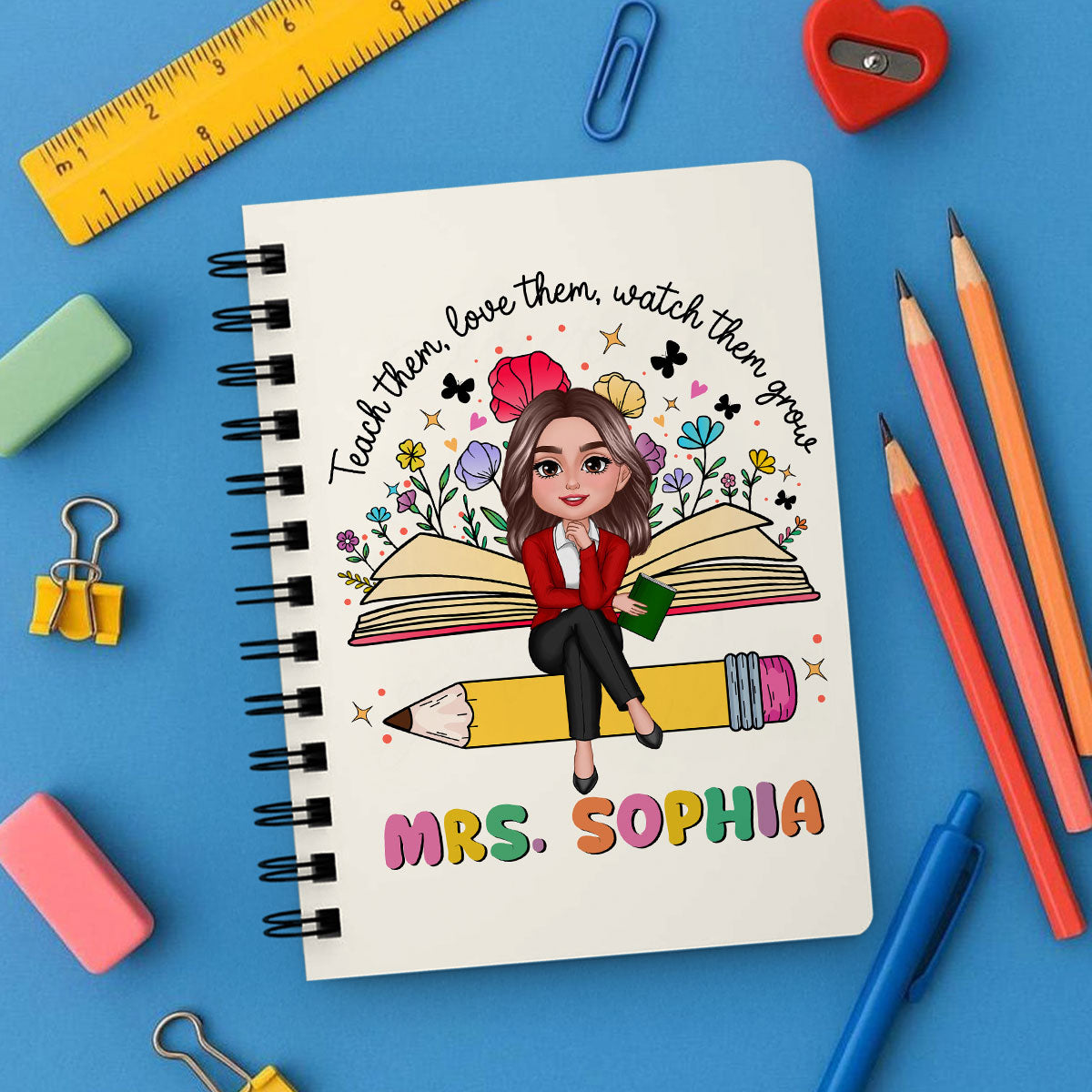 Teacher Teach Love Watch Them Grow Wildflowers Personalized Spiral Notebook Journal, Back To School Stationery