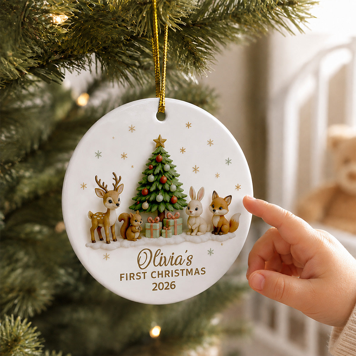 Baby’s First Christmas Tree & Woodland Animals 3D - Personalized Ceramic Ornament - New Baby Christmas Keepsake