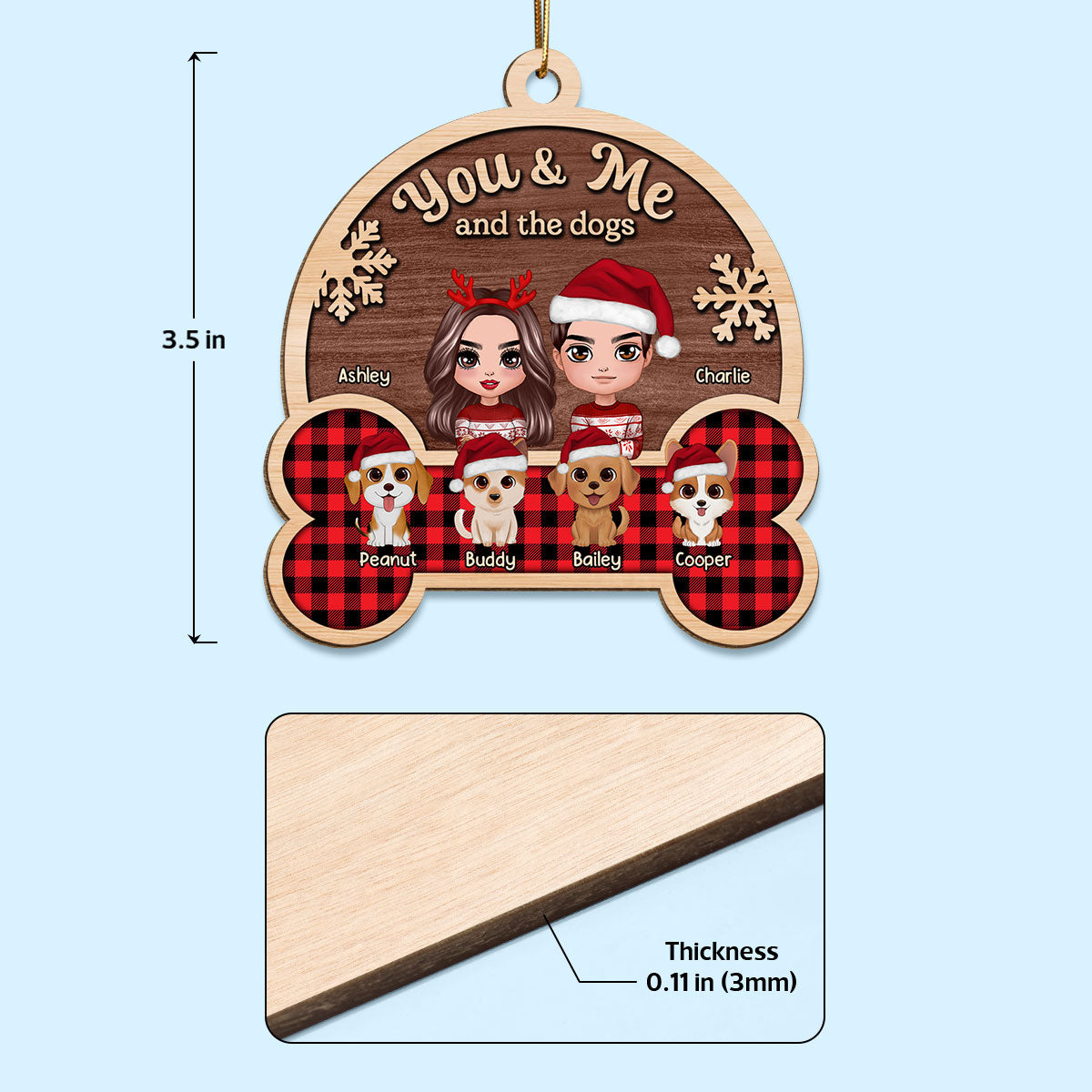 You Me And The Cute Dogs Checkered Patterned Personalized Wooden Ornament