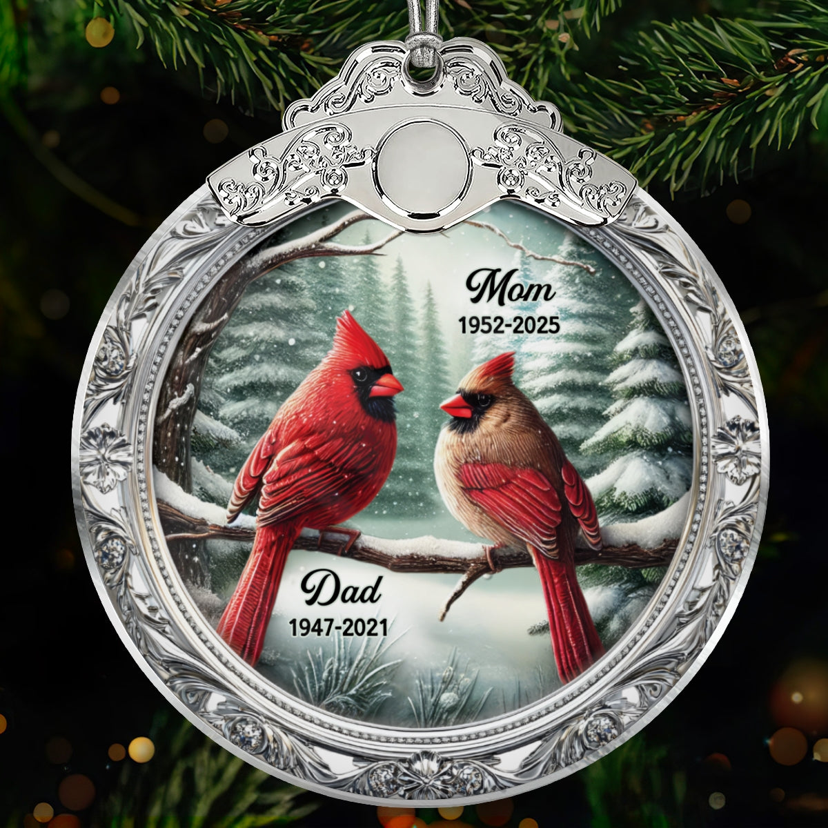 Winter Scene Memorial Cardinal 3D Effect - Personalized Glass Ornament With Silver Cap - Sympathy Gift Remembrance Keepsake
