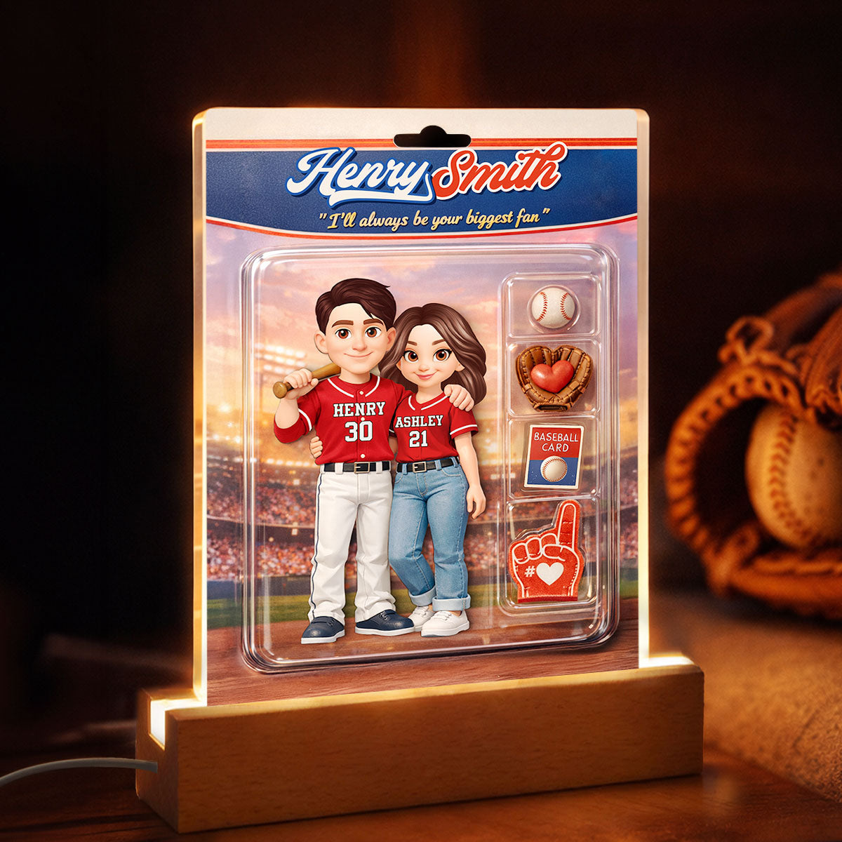 Baseball Couple I'll Always Be Your Biggest Fan Custom Action Figure - Personalized Acrylic Block LED Night Light - Sentimental Gift for Him