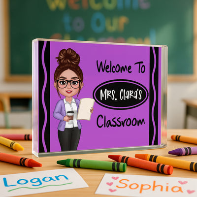 Teacher Crayon Welcome To Classroom Personalized Rectangle Acrylic Block Plaque
