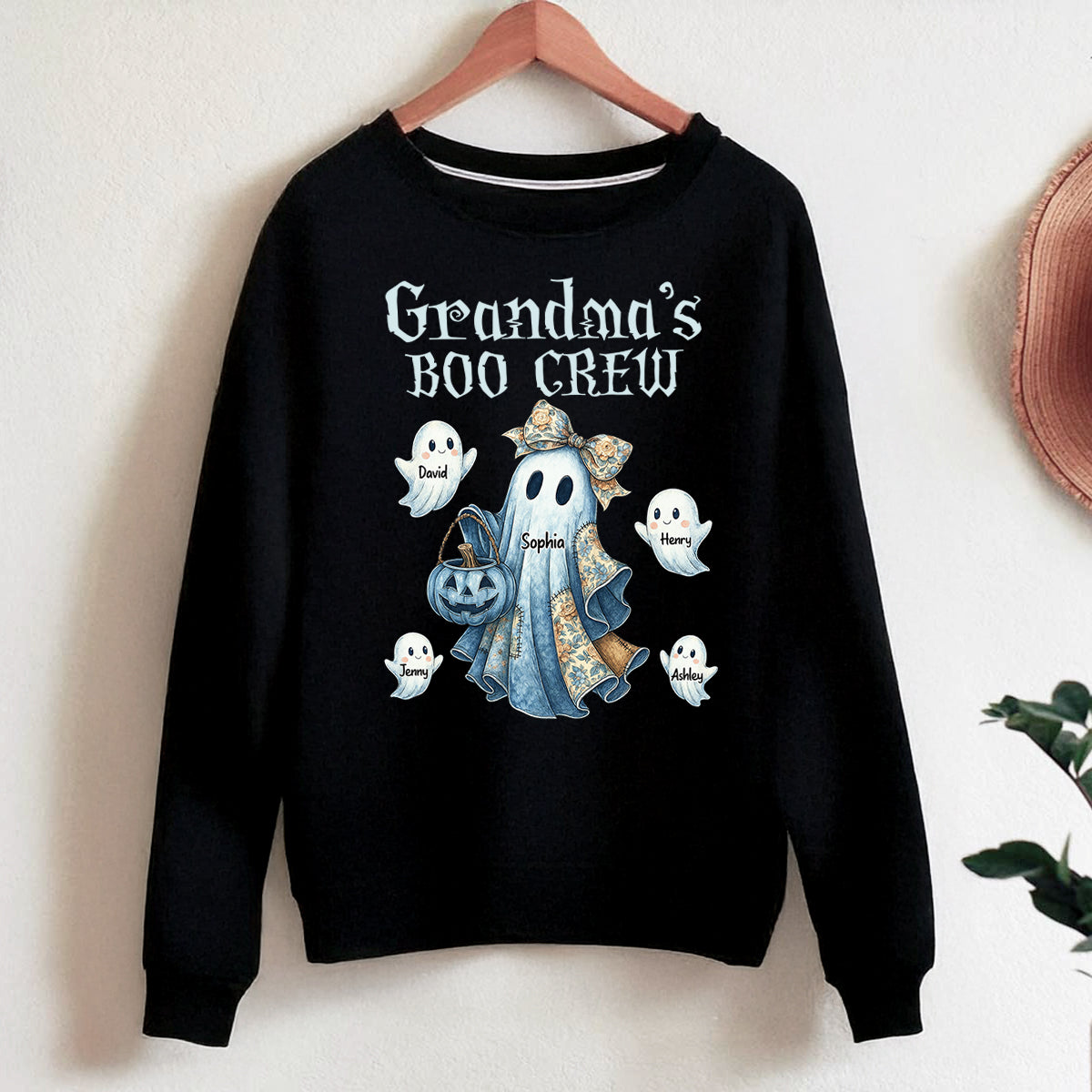 Grandma's Boo Crew Retro Halloween Blue Denim Ghost Personalized Sweatshirt, Spooky Sweatshirt for Grandma, Mom