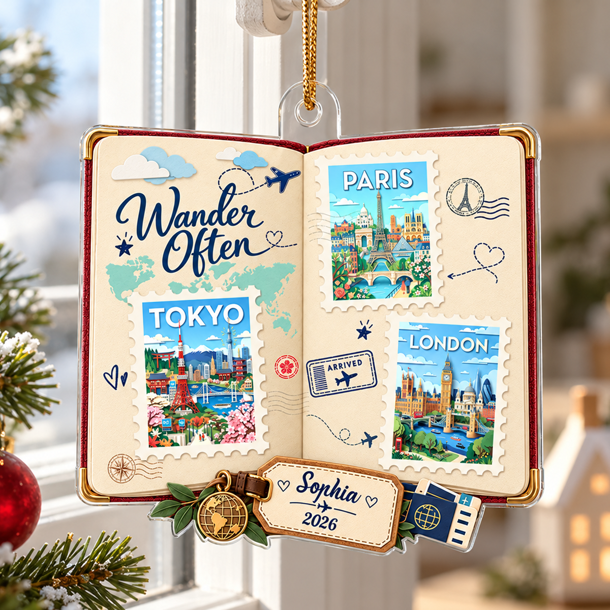 Travel Scrapbook Journal Stamps 2D Flat Printed - Personalized Acrylic Ornament - Traveling Destination Keepsake, Christmas Gift For Traveling Lovers