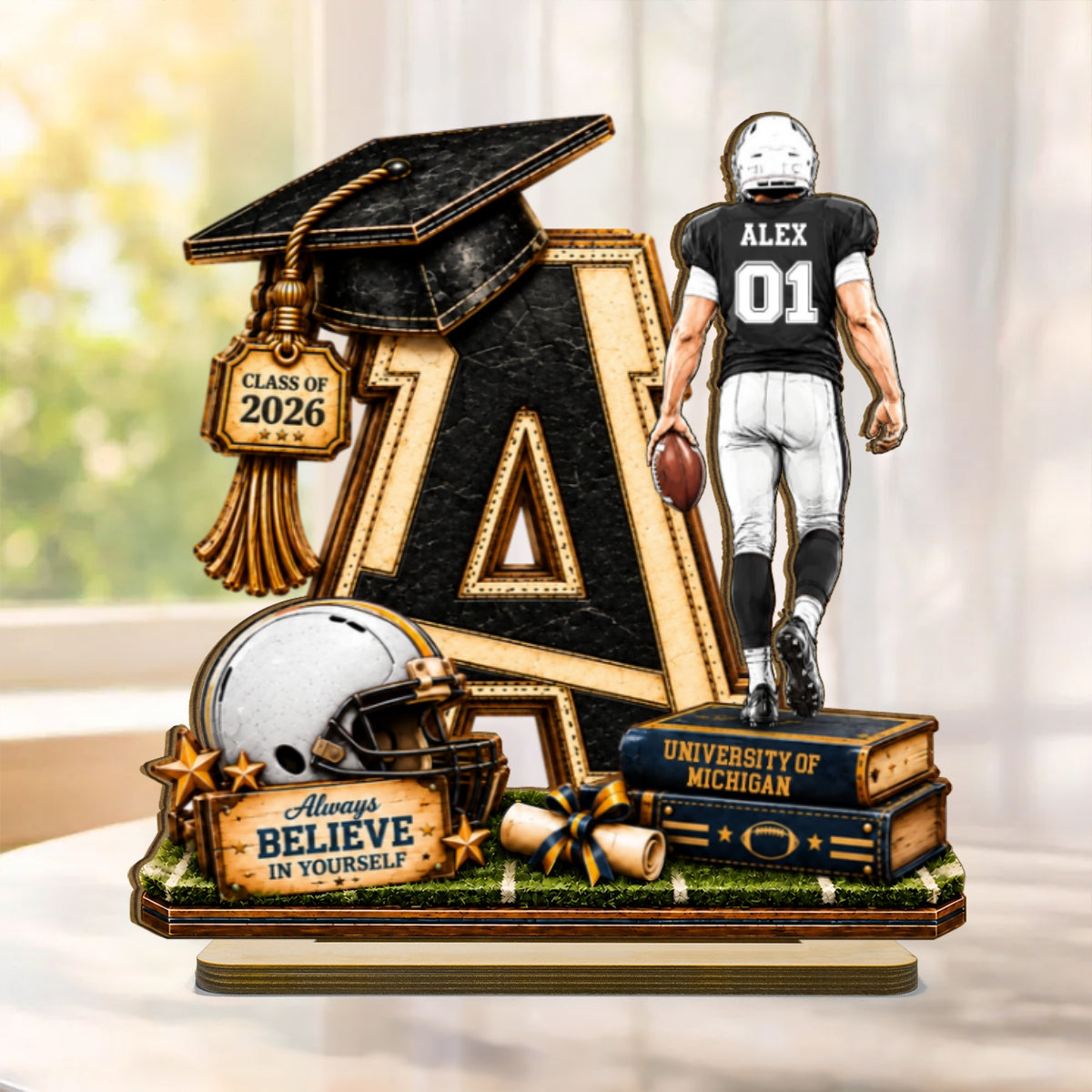 Football Graduation Custom Initial - Personalized 2-Layered Wooden Plaque - Class of 2026 Senior Gift, Christmas Gift for Son, Grandson, for Him