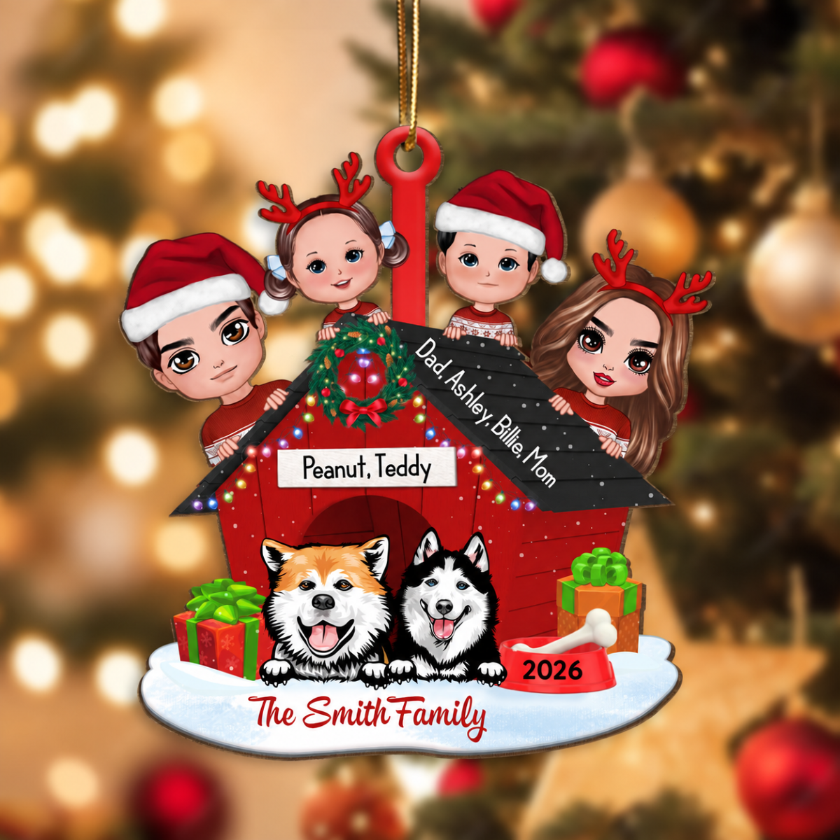 Family And Dogs Christmas - Personalized Wooden Ornament
