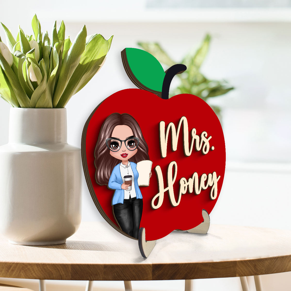Teacher Apple Personalized 2-Layer Wooden Plaque, Gift For Teacher, Office Decor