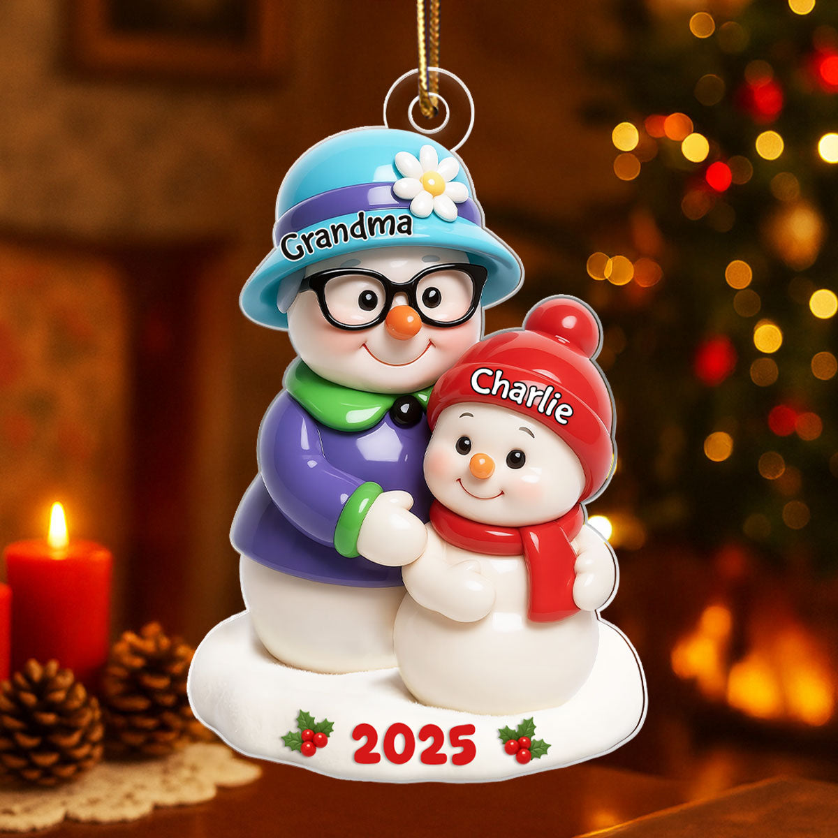 Snowman Grandma Hugging Grandkids 3D Effect Personalized Acrylic Ornament, Christmas Gift for Granddaughter, Grandson, Grandma