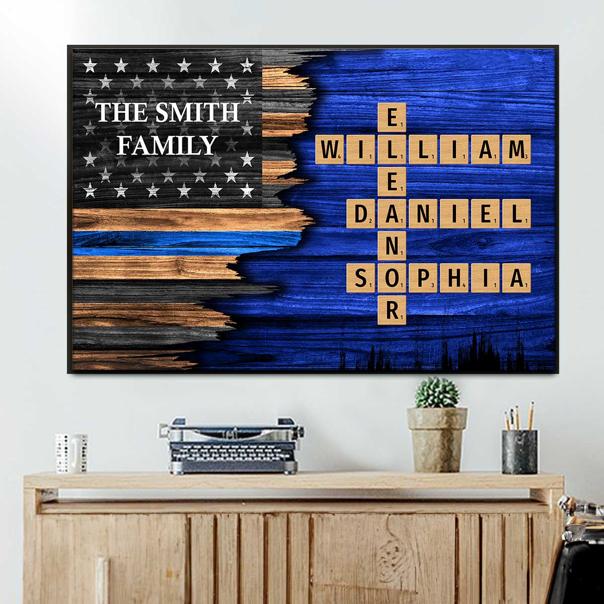 Half Flag Thin Blue Line Family Crossword Art Puzzle, Personalized Poster, Meaningful Father's Day Gift for Dad, Gift for Husband