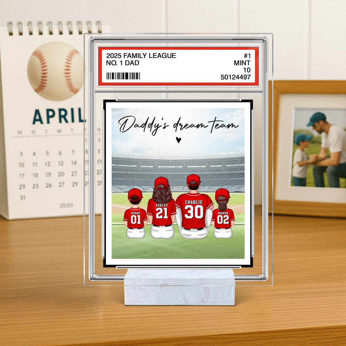 Baseball No. 1 Dad Man & Kids Sitting Trading Card Style Personalized Acrylic Plaque