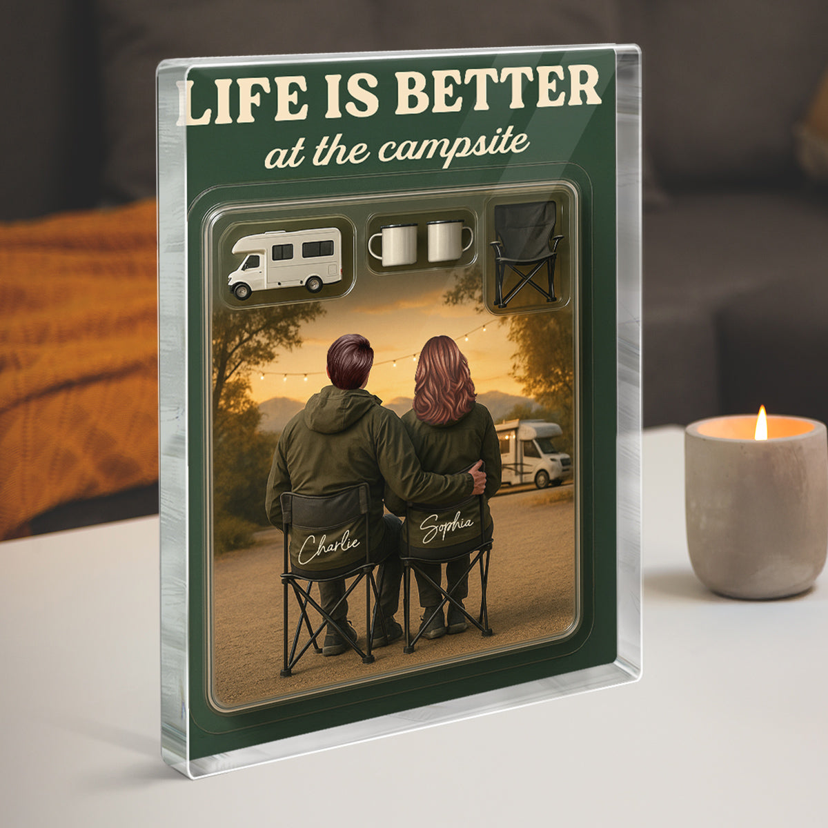 3D Effect Camping Couple Toy Box Custom Figure Personalized Rectangle Acrylic Block Plaque