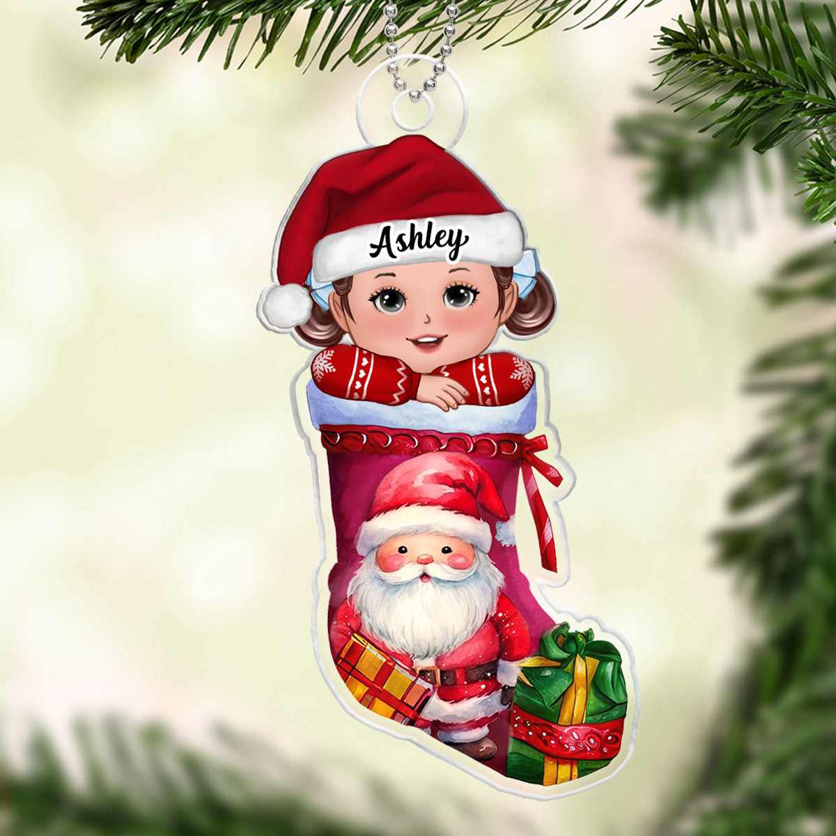 Cute Kid In Christmas Stocking Personalized Acrylic Ornament, Gift For Son, Daughter, Grandson, Granddaughter, Grandchildren