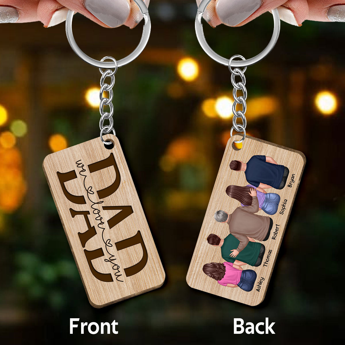 Best Dad Ever Back View Dad And Daughters Sons Personalized Wooden Keychain