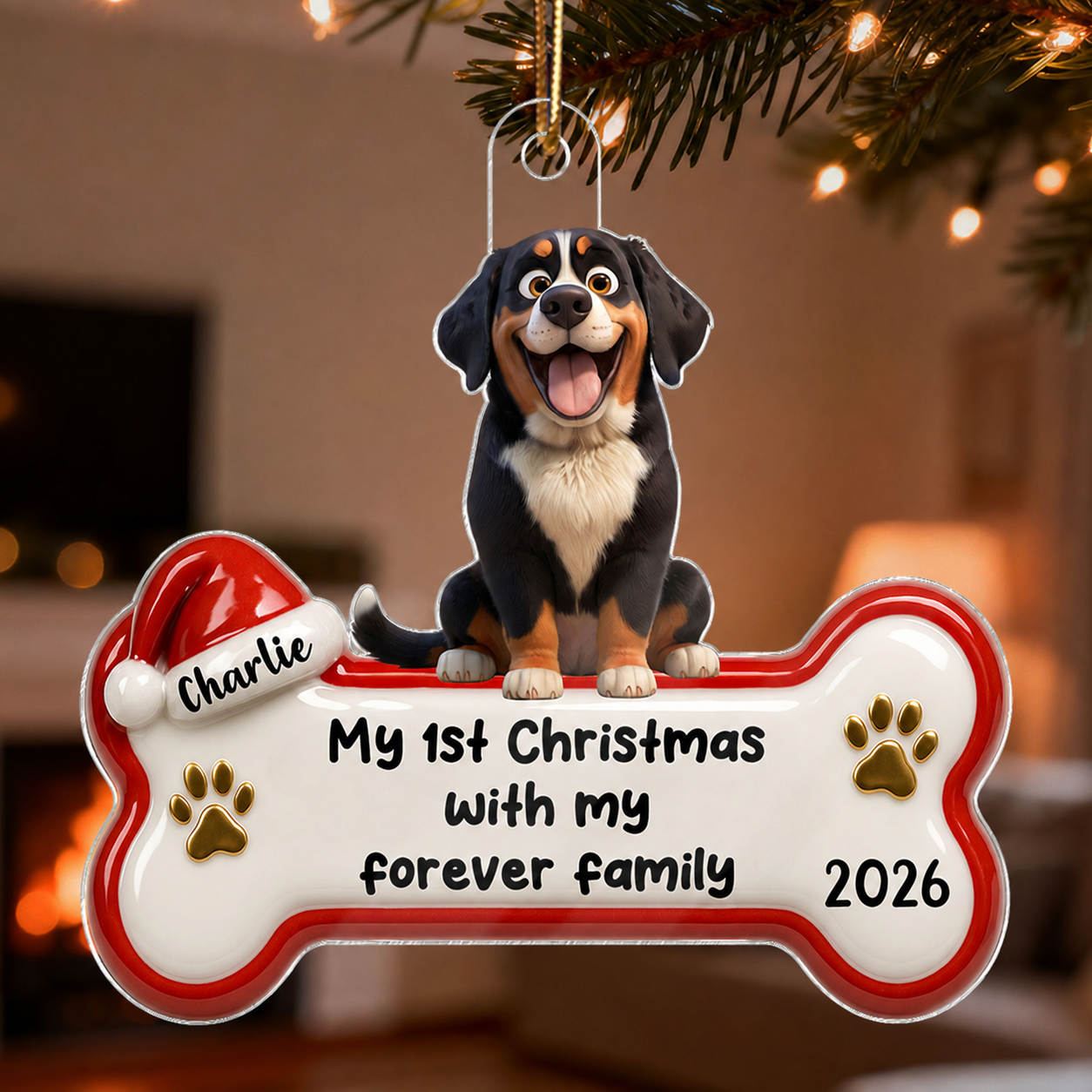 1st Christmas With Forever Family Cartoon Dog 3D Effect - Personalized Acrylic Ornament