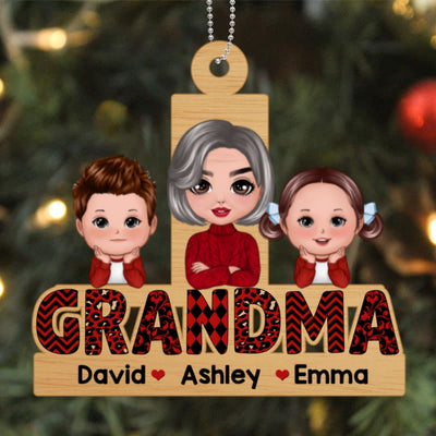 Checkered Grandma & Grandkids Personalized Wooden Ornament