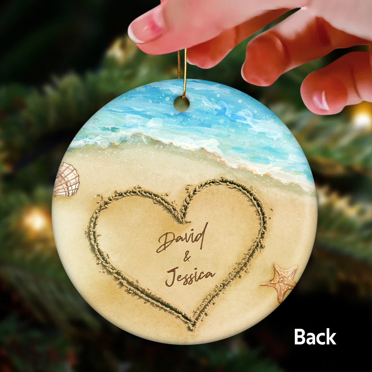 Back View Couple On Beach Names On Sand Tropical Christmas Ornament for Him and Her, Wedding Anniversary Personalized 2-Sided Circle Ornament
