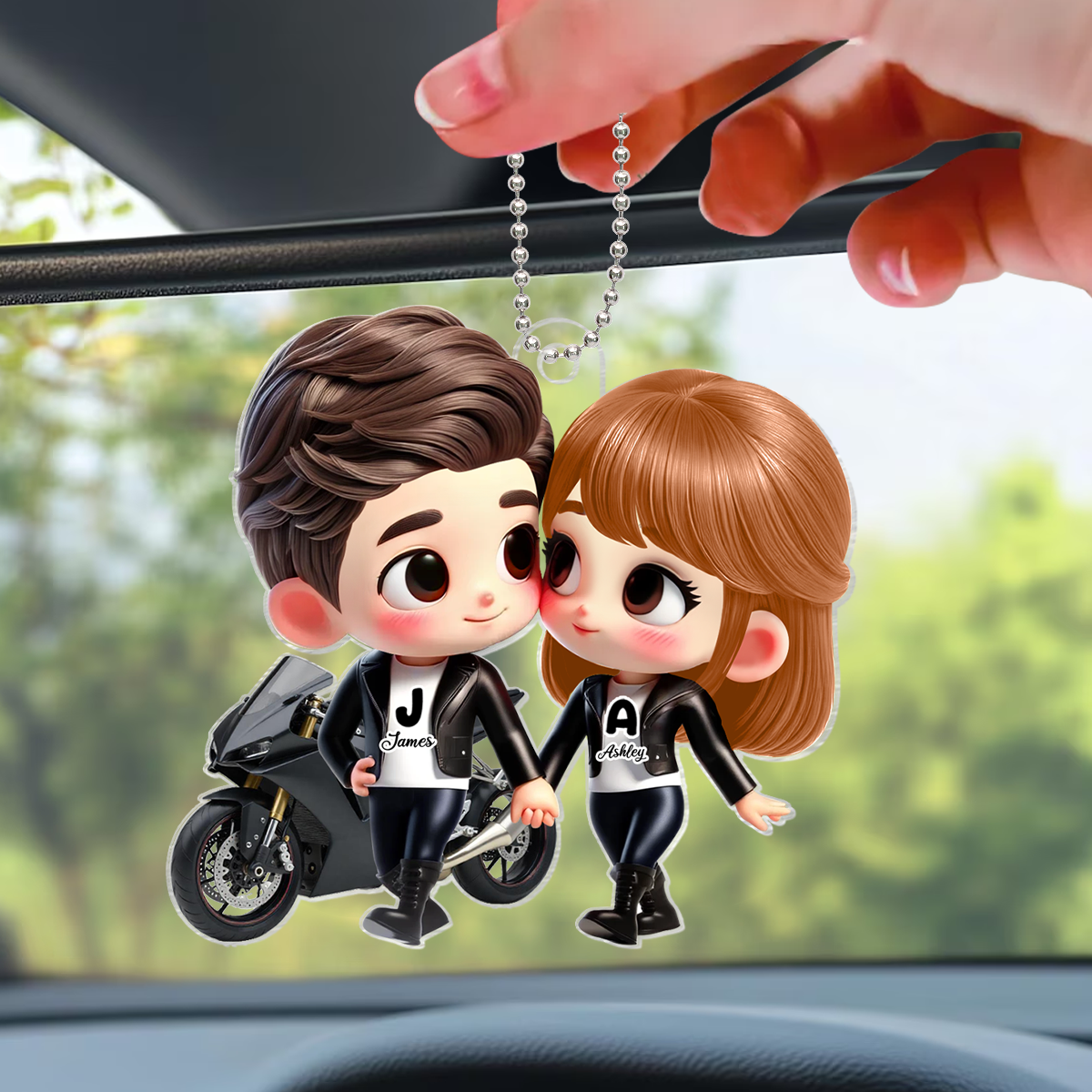 3D Effect Cute Cartoon Motorcycle Couple Personalized Acrylic Car Hanger, Anniversary &  Gift for him, Gift for her