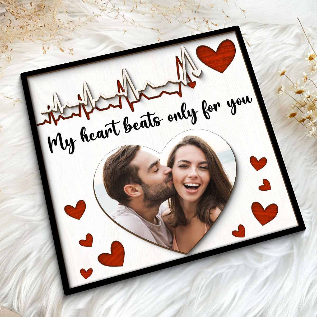 My Heart Beats Only For You Couple Photo Valentine‘s Day Gift For Him For Her Personalized 2-Layer Wooden Plaque