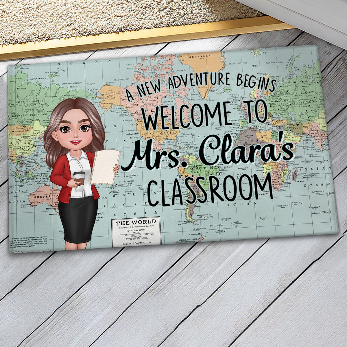 World Map Adventure Themed Welcome To Classroom Personalized Doormat, Gift For Teacher, Classroom Decor