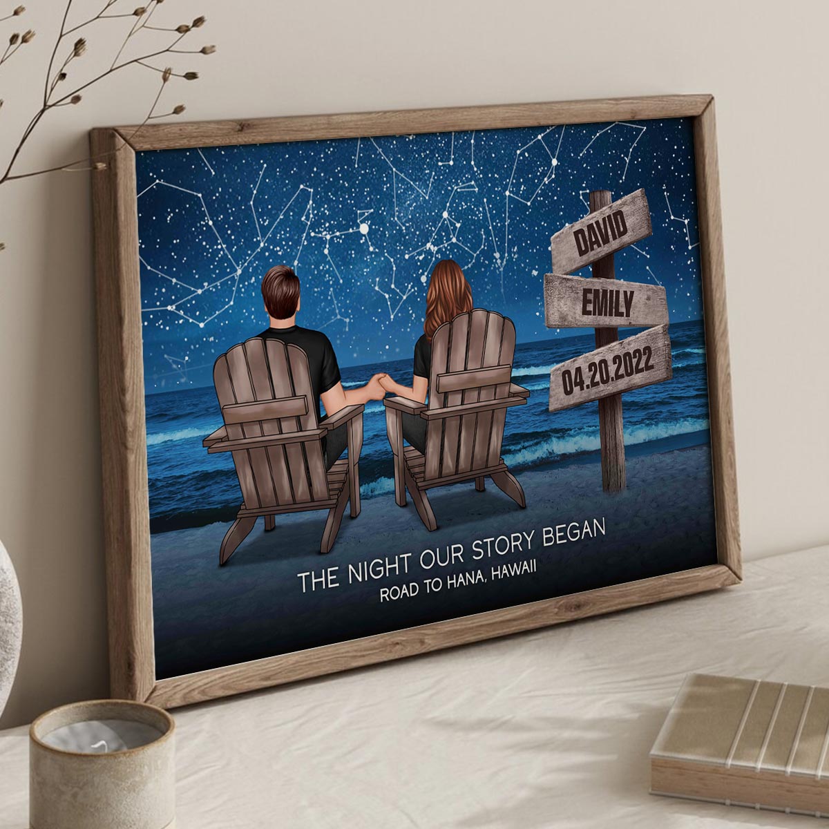 Custom Constellation Star Map Romantic Beach Landscape Couple Sitting Holding Hands Sign Posts Personalized Poster, Heartfelt 2025 Gift For Couple, For Him, For Her, Boyfriend, Girlfriend, Husband, Wifed, Wife