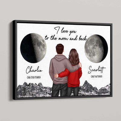 Back View Couple Custom Moon Phases I Love You To The Moon And Back Personalized Poster, Heartfelt Gift For Couple, For Him, For Her, Boyfriend, Girlfriend, Husband, Wife