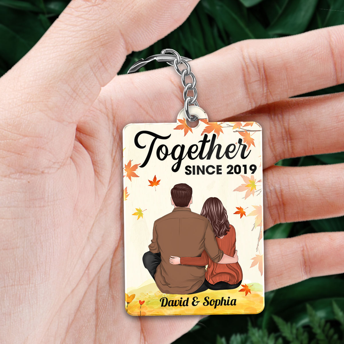 Couple Back View Sitting Under Fall Tree Favorite Song QR Code Personalized Acrylic Keychain