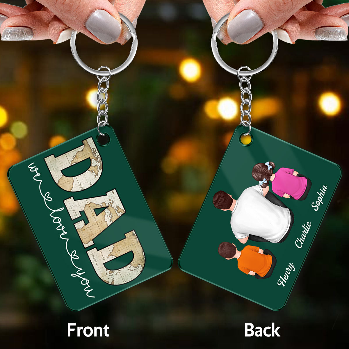 Dad Grandpa We Love You Map Pattern Back View Man Kids Dog Cat Personalized Acrylic Keychain