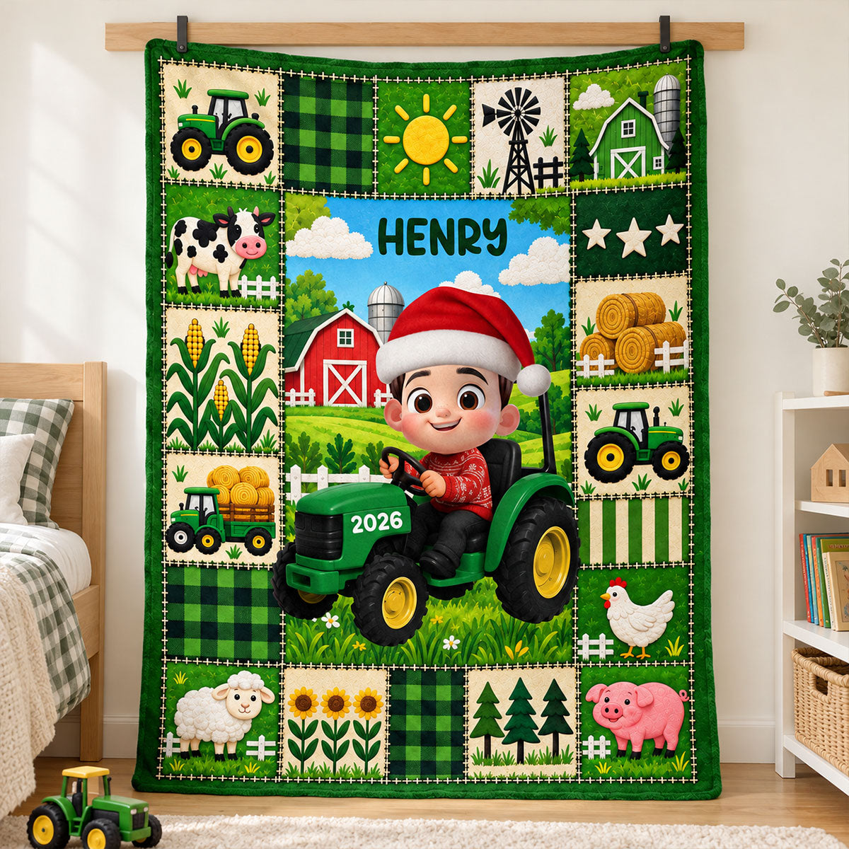 Little Boy Girl With Tractor Excavator Backhoe Christmas - Personalized Blanket - Gift For Grandkids, Kids