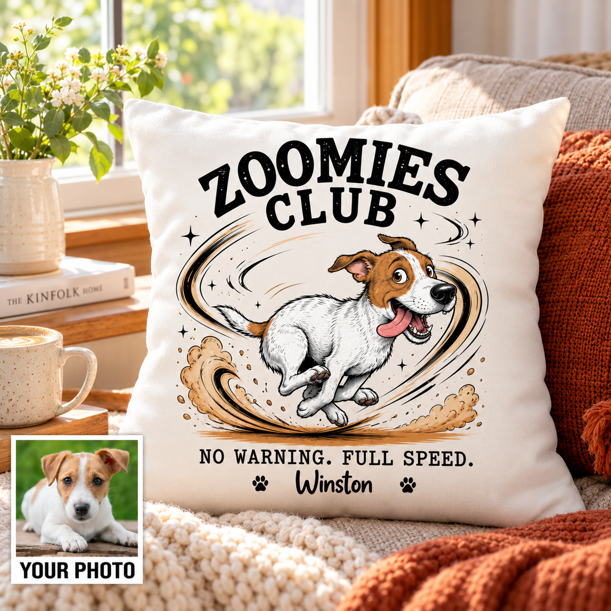 Zoomies Club Official Member Quirky Dog Portrait From Your Custom Pet Photo - Personalized Pillow - Funny Gift For Dog Cat Lover