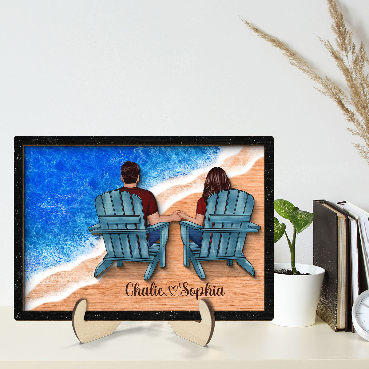 Couple Sitting On The Seaside Personalized 2-Layer Wooden Plaque