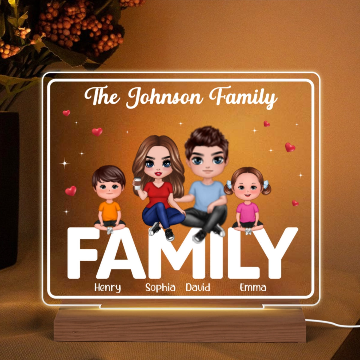 Doll Family Couple Dad Mom Kids Dogs Cats Sitting On Words Personalized Custom Shape Acrylic Plaque LED Night Light