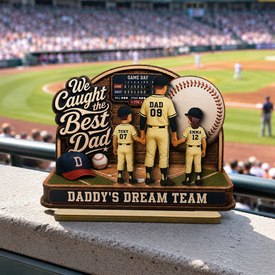 Baseball Things Dad & Kids Back View Standing 2D Flat - Personalized 2-Layered Wooden Plaque - Happy Father's Day For Baseball Dad