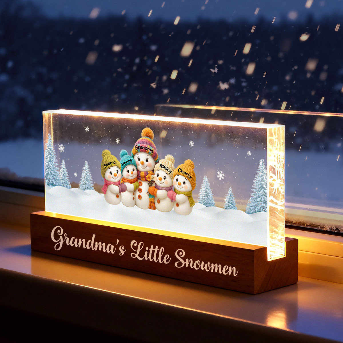 Grandma Snow Angels Snowman - Personalized Block LED Night Light - Christmas Gift for Grandmas