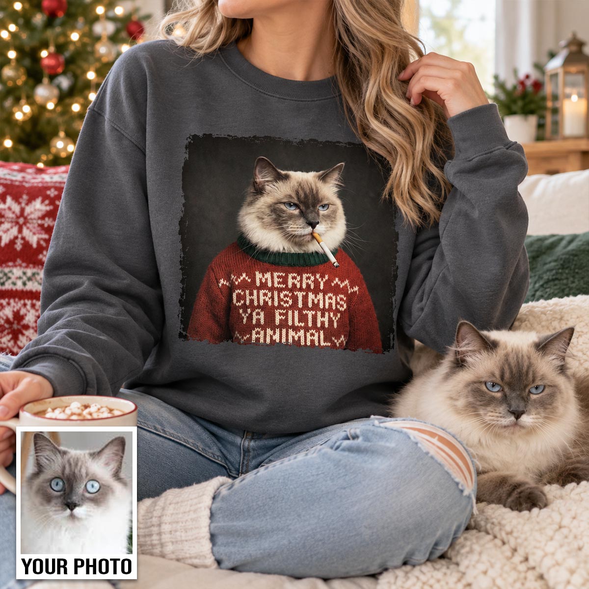 Funny Christmas Smoking Cat Upload Pet Photo - Personalized Shirt - Sarcastic Holiday Meme Tee, Cool Cat Lover Gift, Vintage Grunge Xmas Cat Gift, Ironic Pet Shirt