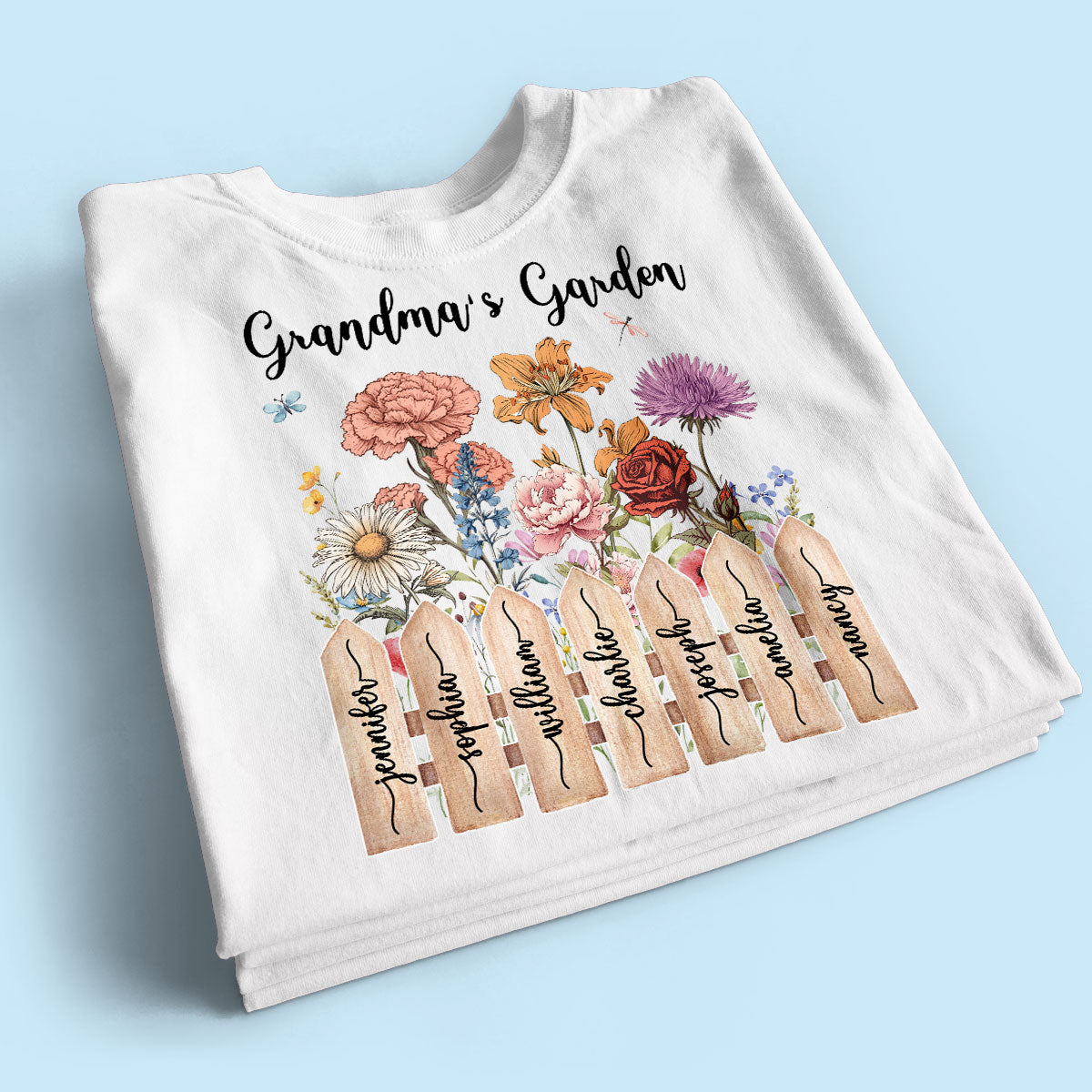 Grandma Birth Month Flower Garden Grandkids Names On Fence Personalized Shirt, Mother's Day gift for Mom, for Grandma
