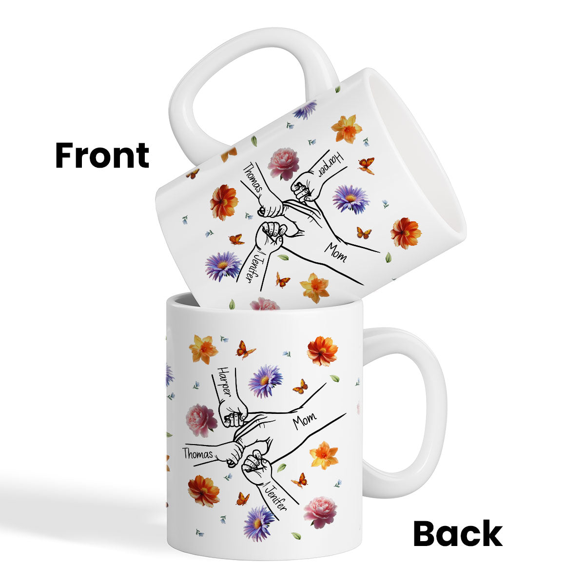 Grandma Mom 3D Effect Birth Flower Kids Holding Hand Outline Personalized Mug