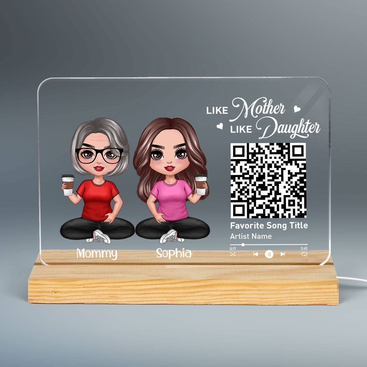 Doll Mom And Daughters Sitting Like Mother Like Daughters Favorite Song Scannable QR Code Personalized Custom Shape Acrylic Plaque LED Night Light