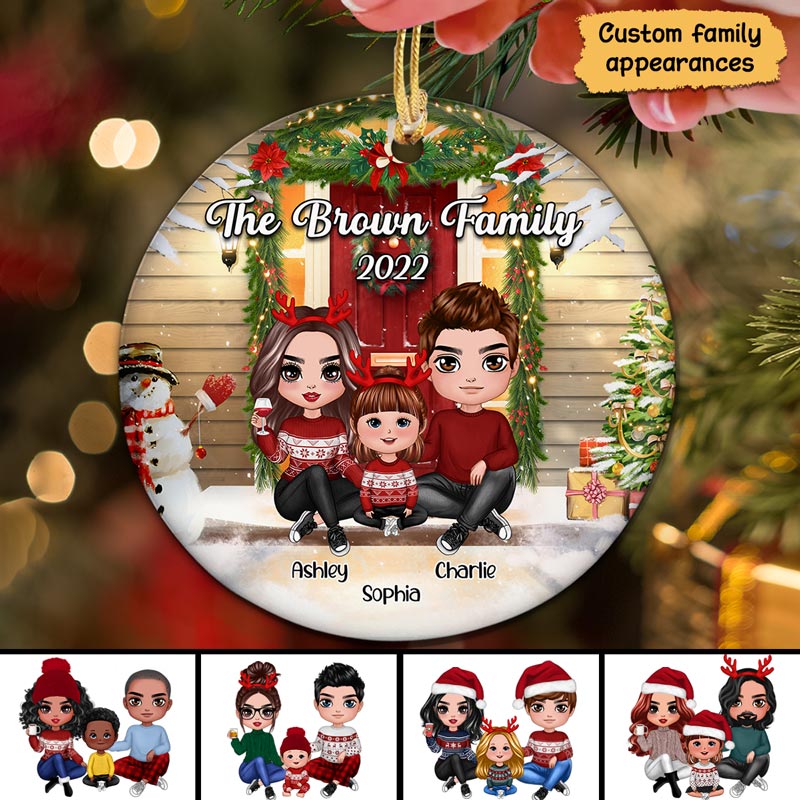 Family Christmas Front Porch Personalized Circle Ornament