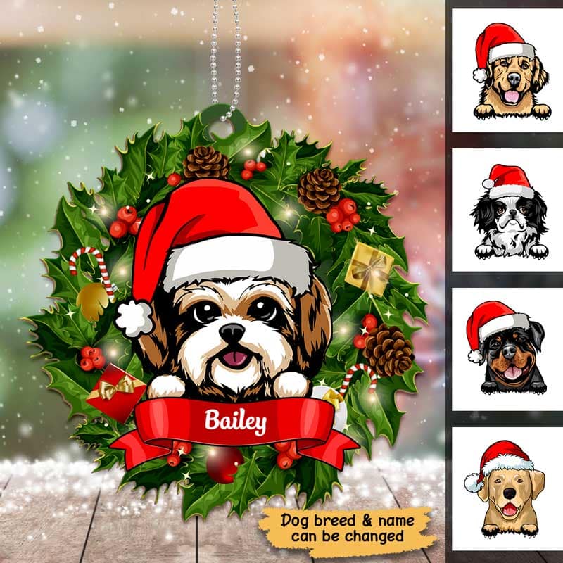 Christmas Wreath Peeking Dogs Personalized Wooden Ornament