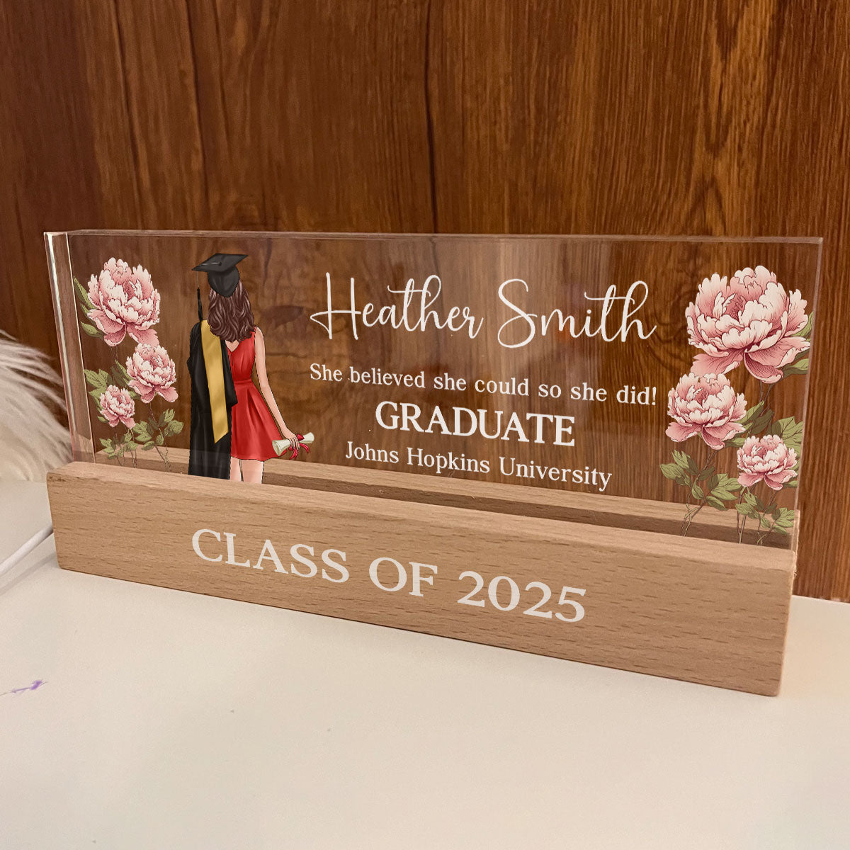 Graduation Senior Birth Month Flowers Personalized Rectangle Acrylic Block LED Night Light, Graduation Gift