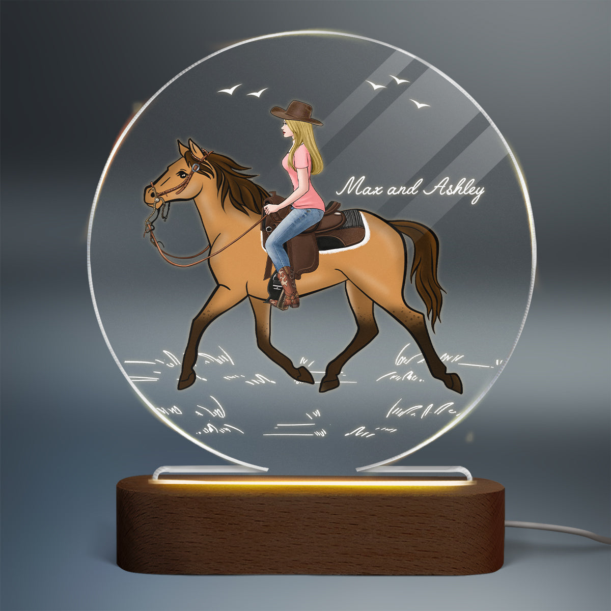 Girl Riding Horse Gift For Horse Lover Personalized Circle Acrylic Plaque With LED Night Light