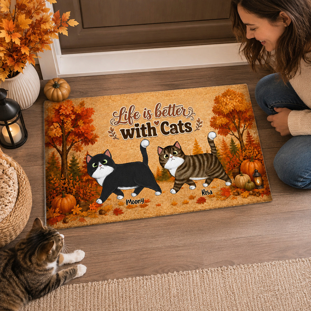 Walking Cat Fall Season - Personalized Doormat - Fall Season Decor Gift, Gift For Cat Lovers